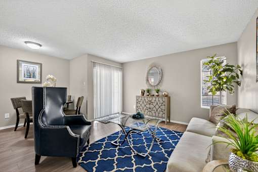 A living room with a black leather chair and a blue and white patterned rug at Logans Mill, Austin, TX.