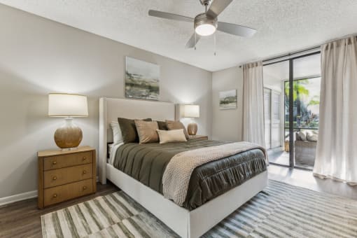 a bedroom with a bed and a ceiling fan