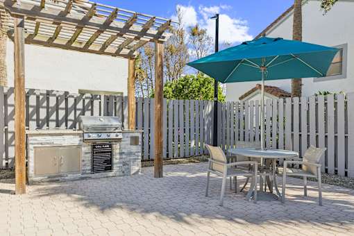 A patio with a table and chairs under a blue umbrella.