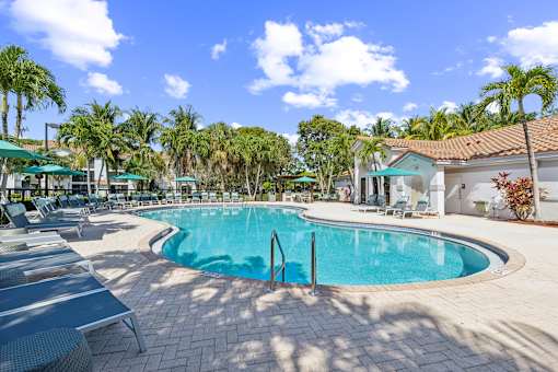 A pool surrounded by palm trees and sun loungers at The Atlantic Preserve, Plantation, FL