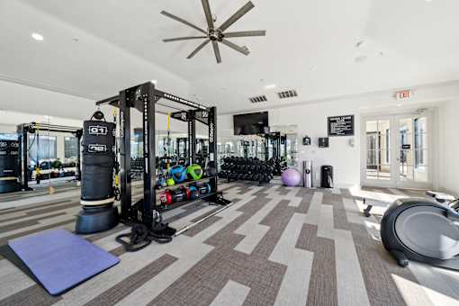 A gym with a variety of equipment including a squat rack, weights, and a bench at The Atlantic Stone Oak Apartments, San Antonio