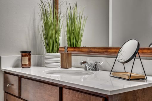 Bathroom sink with a mirror and plants on it at The Atlantic Highland Park, Dallas, TX