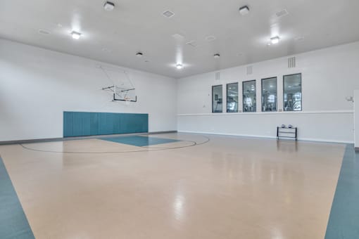 Multipurpose room has a basketball court and a large window at The Atlantic Mira Loma, Live Oak, 78233