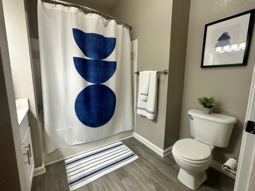 a bathroom with a blue and white shower curtain and a white toilet