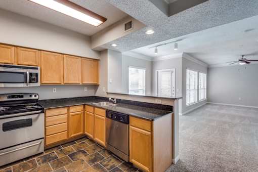 A kitchen with wooden cabinets and a stainless steel dishwasher at Montecito Apartments, Texas, 77056