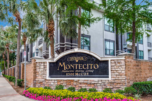 The sign in front of the building says Montecito. at Montecito Apartments, Houston, 77056
