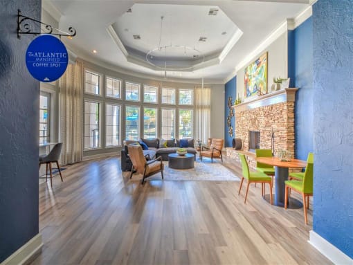 Resident Lounge with Media and Coffee Station. at The Atlantic Mansfield, Mansfield, TX, 76063