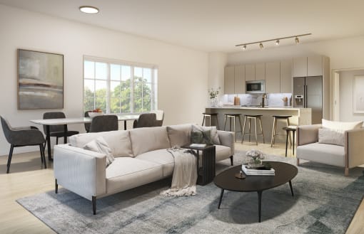 a living room with a couch and a table