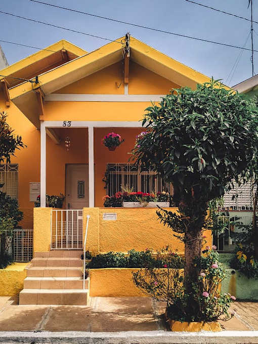 A yellow house with a tree in front.
