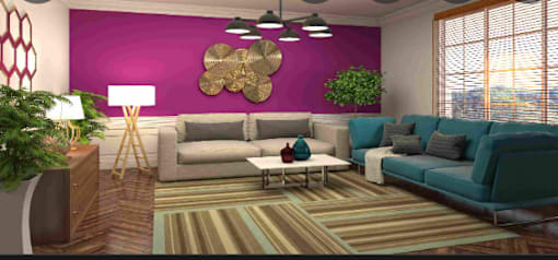 a living room with a purple wall and blue couches