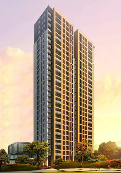 A tall building with many windows is surrounded by trees and other buildings.