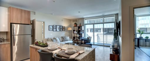Apartments in Kalamazoo, MI for Rent - 400 Rose - Living Room with an Open Floor Plan and Access to Private Balcony