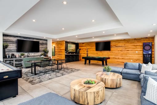a living room with a couch and a table