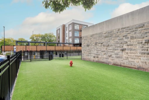 Pet-Friendly Apartments in Kalamazoo, MI - 400 Rose - Dog Park with Turf, a Fire Hydrant, and a Surrounding Gate