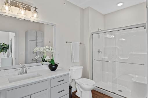 A white bathroom with a glass shower stall and a white toilet  at Tivoli Green Apartments & Townhomes, Mount Pleasant, Wisconsin
