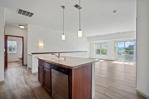 A kitchen with a wooden counter and a dishwasher.
