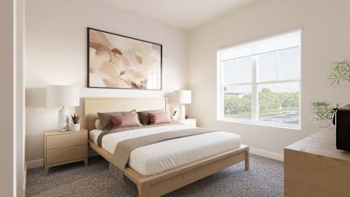 A bedroom with a large bed, nightstand, and a painting on the wall.at The Landing at Hub City, Plymouth, WI