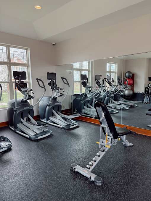 A gym with treadmills, exercise bikes, and weights.