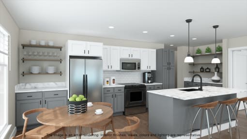a rendering of a kitchen with a large island and stainless steel appliances