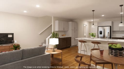 the image is an artist rendering of a living room and kitchen in a model home