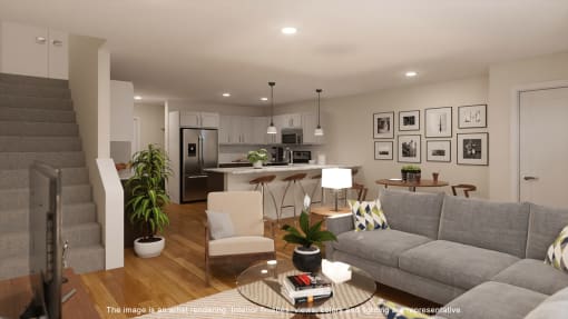 a rendering of a living room and kitchen in a model home