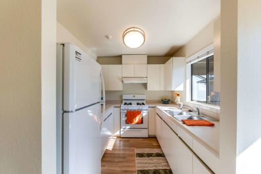 kitchen with stove, fridge, and sink
