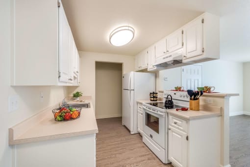 kitchen with counters, fridge, stove and sink