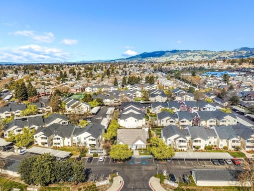 aerial view of apartments and office