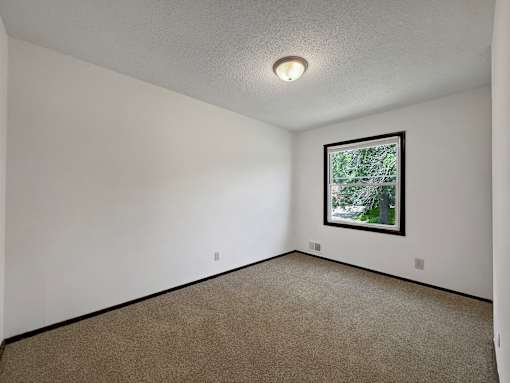 A room with a carpeted floor and a window.