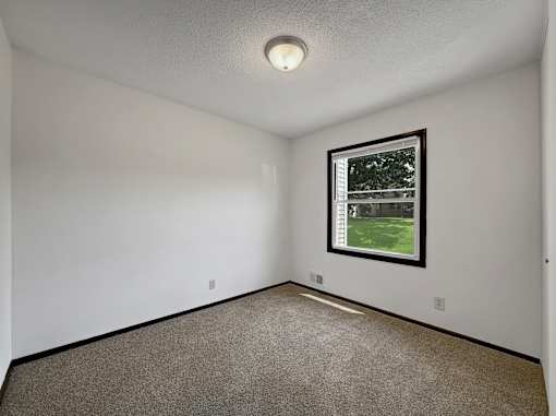 A room with a framed picture of a tree-lined street on the wall.