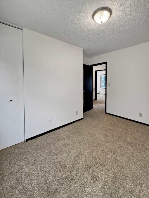 A room with a carpeted floor and a white door.