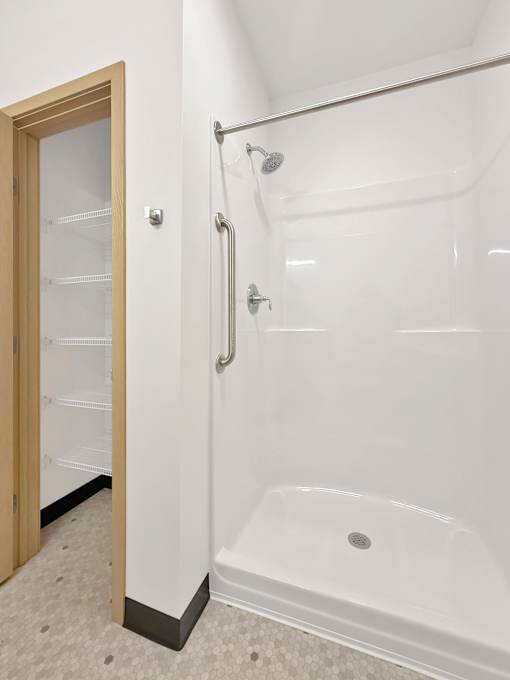 A walk-in shower at Stryker Senior Apartments in West St. Paul 
