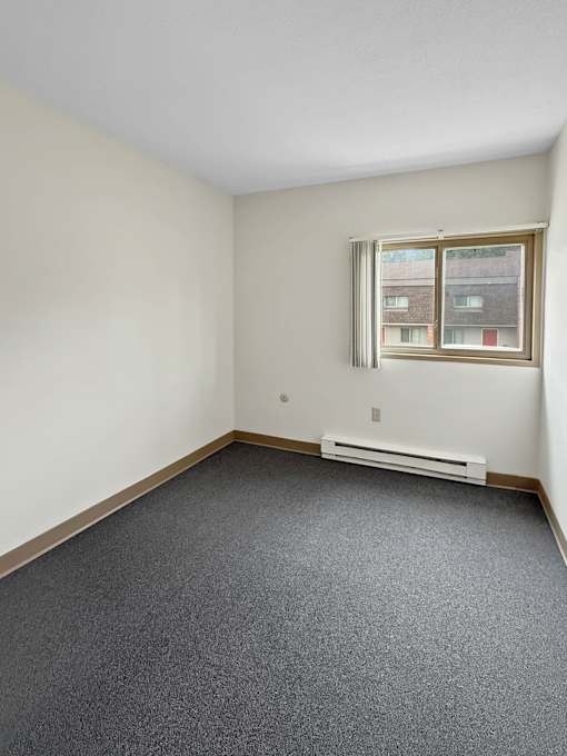 A photo of a Liberty Plaza Apartment bedroom with window and carpeted floor