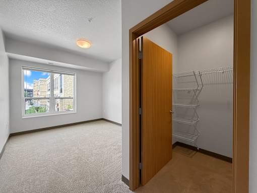A bedroom with walk in closet and window in the background