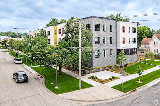an aerial view of Stryker Senior Apartments on the corner of a street