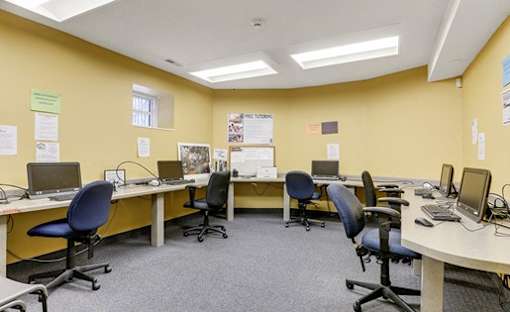 A yellow office space with multiple desks and computers.