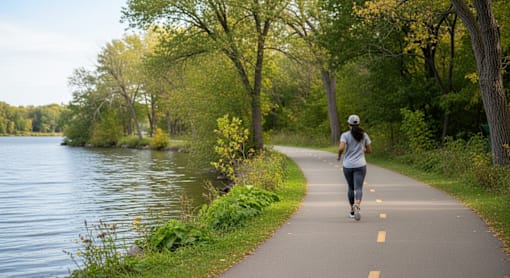 A person is running on a paved trail next to a body of water.