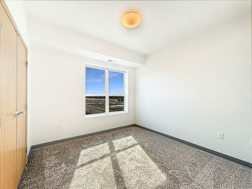 A room with a carpeted floor and a window showing a view of a beach.