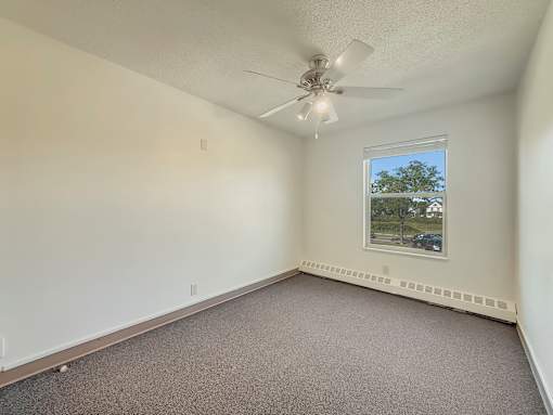 A room with a ceiling fan and a window showing a tree and a house outside.