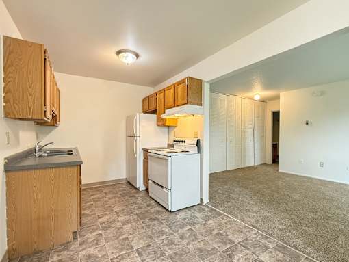 A kitchen area with a refrigerator, oven, and sink.