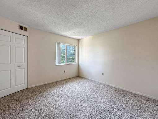 A room with a carpeted floor, a window, and a white door.