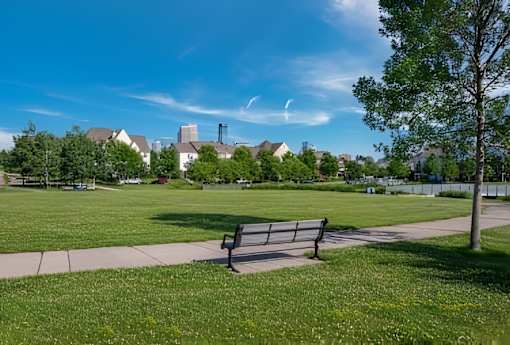 A park with a bench and trees in the foreground and houses in the background.