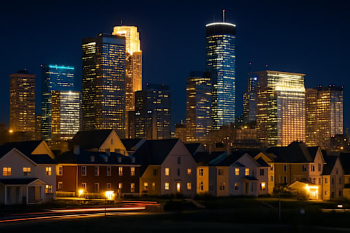 A cityscape at night with a row of houses in the foreground.