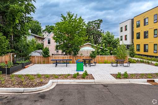 the Stryker Senior Apartments spacious patio with picnic tables