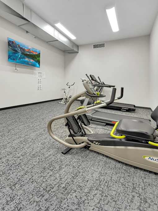 A treadmill in a room with a painting on the wall.