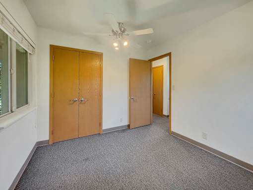 A room with a carpeted floor and a ceiling fan.