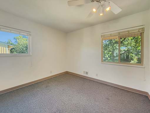 A room with a carpeted floor, a ceiling fan, and two windows.