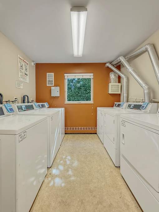 A laundromat with washers and dryers lined up.
