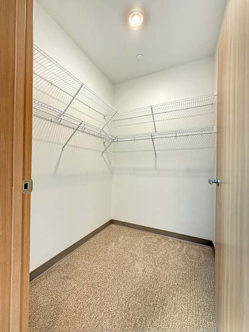 A walk-in closet at The Lumin in the Highland Park neighborhood of St Paul with shelves and a carpeted floor.