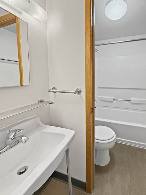 A white sink with a silver faucet and a toilet in a bathroom.